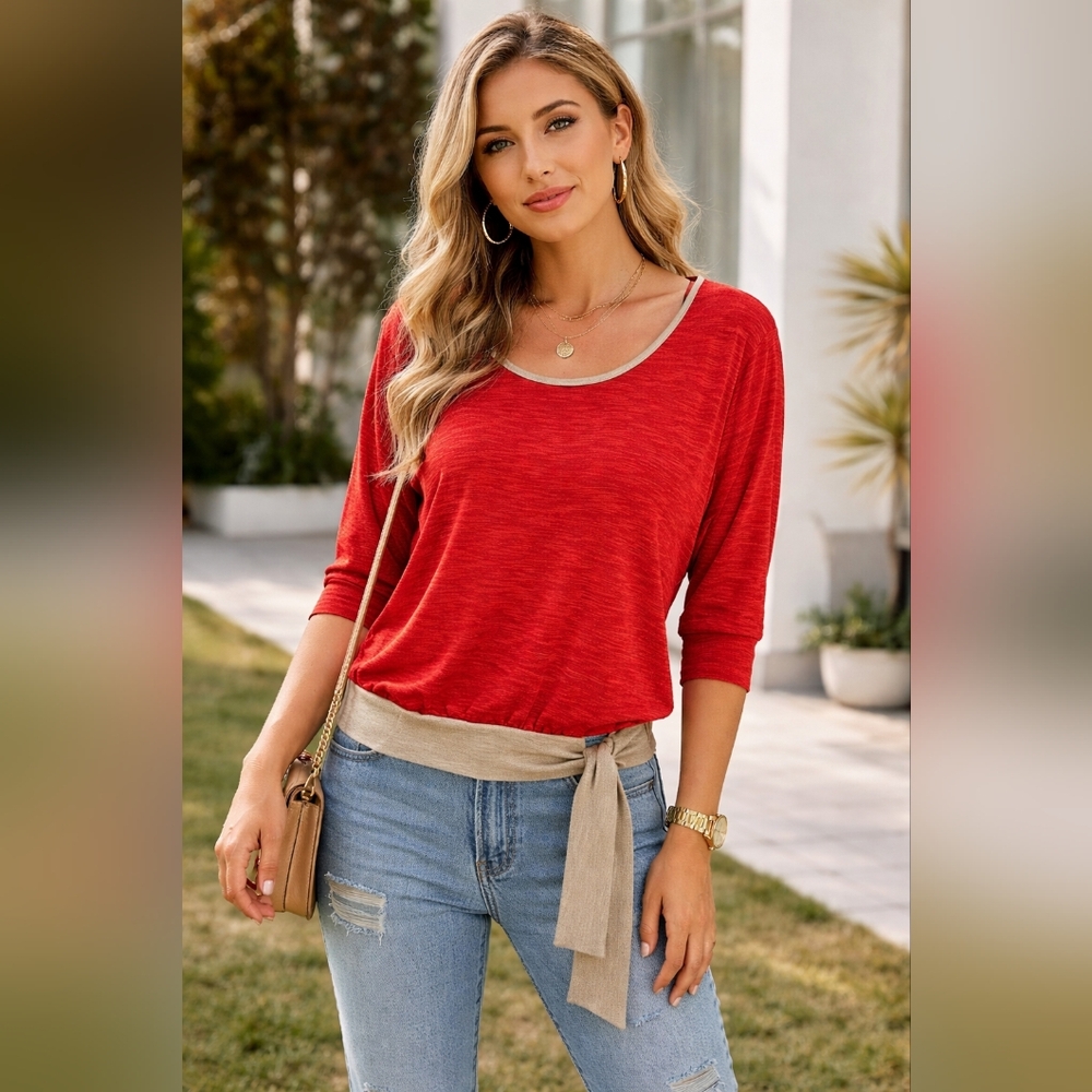 ❤️ GUESS Red Dolman Sleeve Tie Waist Top Small Soft Knit Casual Lightweight Chic
